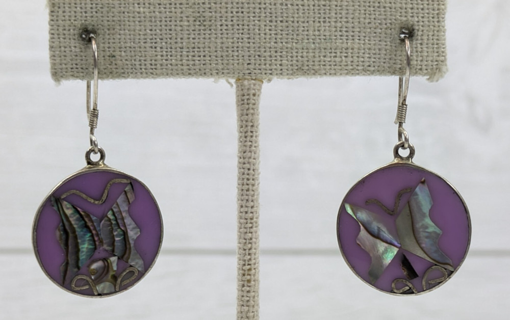 Vintage Abalone Butterfly Purple Enamel Circle Drop Pierced Earrings 1.75″