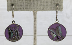 Vintage Abalone Butterfly Purple Enamel Circle Drop Pierced Earrings 1.75″