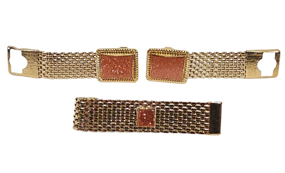 Vintage Goldstone & Goldtone Mesh Cufflinks & Tie Bar Set
