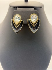 Vintage Swarovski Black Enamel Pear Rhinestone Button Clip On Earrings
