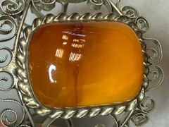 Vintage Baltic Amber Filigree Cuff Bracelet Soviet Era Sterling Silver Plated