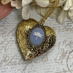 Gold Heart Locket Blue Wht Birthday Anniversary Wedding Dragonfly Cameo Necklace