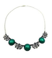 Vintage Intricate Czech Art Deco Floral Foliate Silver Green Station Necklace