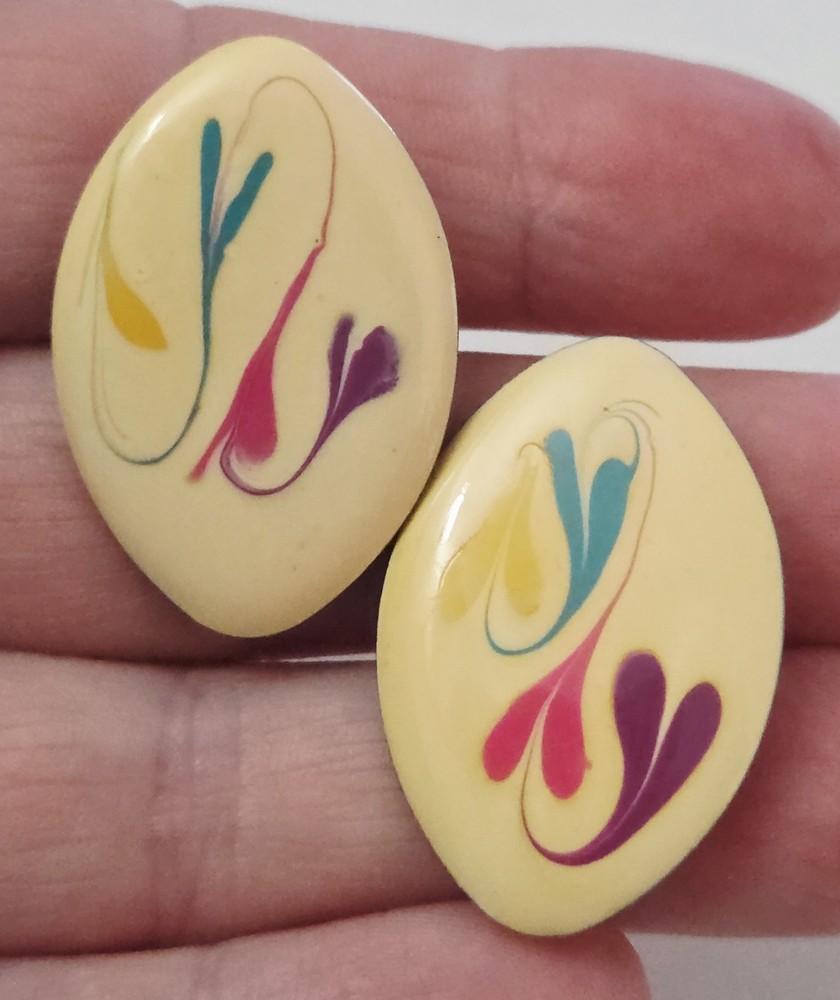 Vintage 1980’s 1990’s Enamel Over Silver Metal Abstract Colorful Floral Earrings