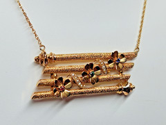 UNIQUE & Pretty 14k Textured & Floral 4 Bar Simulated Gem Pendant 17.5″ Necklace