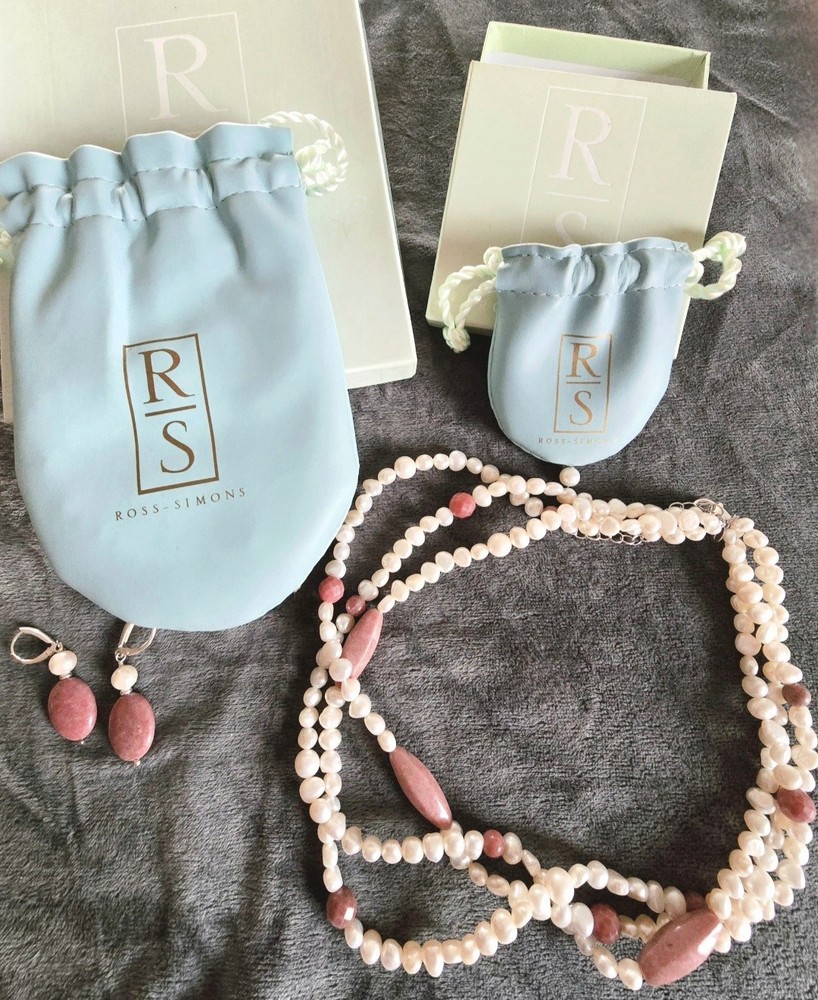 Ross Simmons 3 Strand Freshwater Pearl Rhodonite Necklace Earrings Set VTG 925