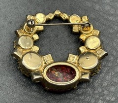 Vintage Dragon’s Breath Red Pink Rhinestone Wreath Brooch Gold Tone Cabochon