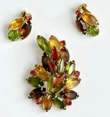 VTG Juliana Multicolor Autumn Marquise Rhinestone Leaf Brooch & Clip-On Earrings