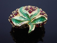 Vintage Strawberry Brooch Red Rhinestone Enamel Leaves Gold Tone Signed Marked
