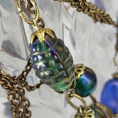 Vintage Art Glass Peacock Iridescent Venetian? Necklace 28″ Long Flapper Length