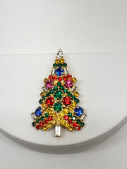 Vtg Vasari Christmas Tree Brooch Multicolor rhinestone Gold Tone signed