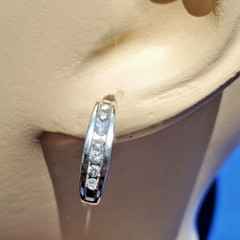 EARTH MINED DIAMOND Bar European Style HUGGIE Earrings Channel 14K WHITE GOLD