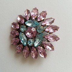 Vintage Pink and Blue Marquise Rhinestone Floral Brooch