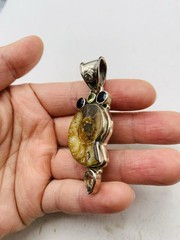 Vintage Sterling Silver 925 Peridot Smoky Topaz Gemstone Ammonite Fossil Pendant