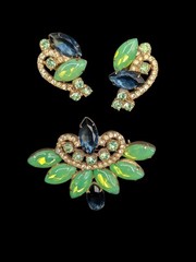 Verified Juliana Green Opal Blue Rhinestone Brooch Clip Earrings Set *Modified*