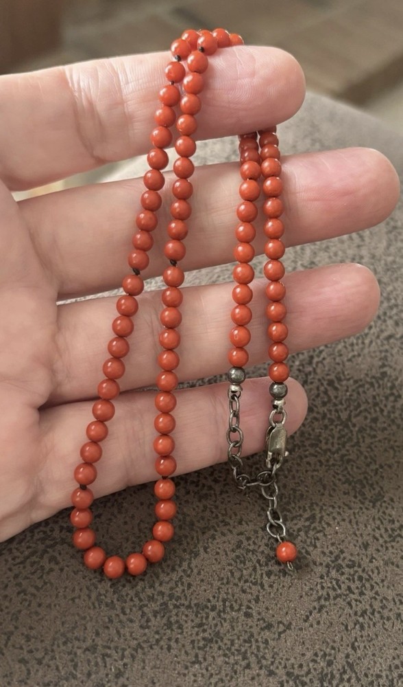 Vintage Mini 4mm Italian Red Coral Necklace Sterling Clasp 16” + 3” Ext = 19”