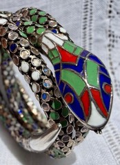 Antique German Art Deco Colorful Enamel SNAKE 935 Silver Wrap Bracelet