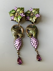 Vintage Grape Clips Earrings By Banana Bob Brass Alloy Enamel Crystals Dangling