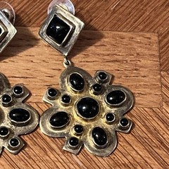 Beautiful Etruscan Revival Art Deco Brass & Black Onyx Dangle Pendant Earrings