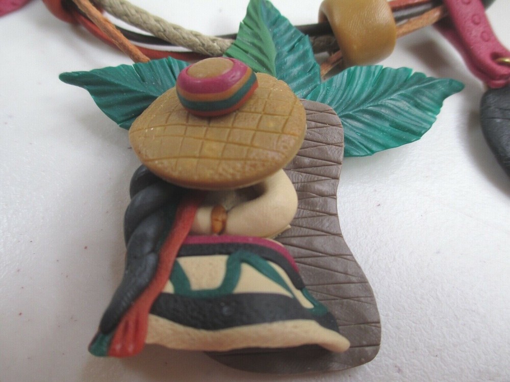 Vintage Artisan Necklace Siesta Polymer Clay Convertible pin pendant OOAK