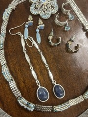 Vintage Jewelry Lot Blue Silver Statement Necklaces Earrings Brooch Boho Chic