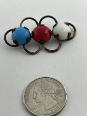 Antique Art Nouveau Red White & Blue Czech Glass Opaque Cabochon Brass Brooch