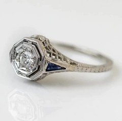 Art Deco Style Lab Created Diamond & Sapphire Engagement 14K White Gold FN Ring