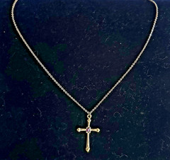 Gold Tone Cross Pendant Necklace – Simulated Amethyst Center on 15.5–17.5” Chain