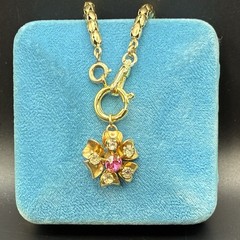 Vintage 12k Gold Filled Pocket Watch Sugar-Puff Link Chain FOB Dog Clip,Pink Gem