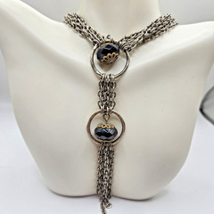 VTG Statement Necklace Layered Chain Black Beads Silvertone 18 in overall length