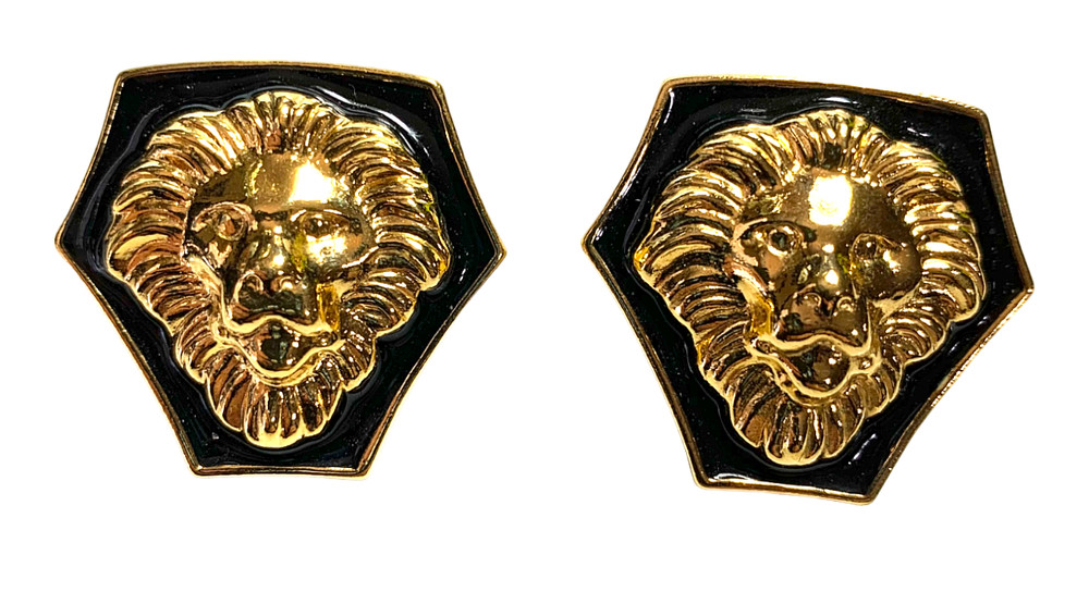 Avon Lion Shield Earrings Heraldic Symbol Black & Gold Post Back Pierced Ears