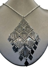 Vintage Large Pendant Necklace Fan Scallop Diamond Shape Silver Tone Chain 18″