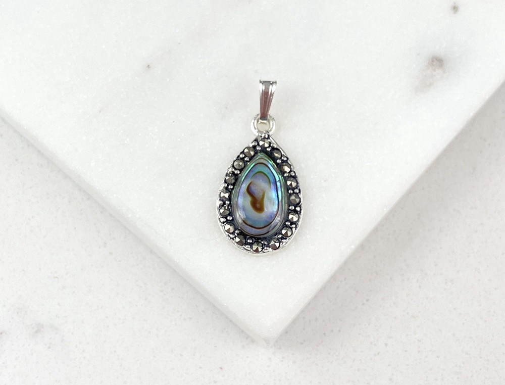 Vintage 925 Sterling Silver Deco Marcasite Abalone Teardrop Charm Pendant