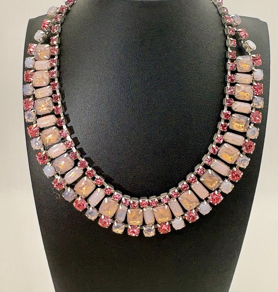 Vintage Juliana Style Pink Art Glass Rhinestone Statement Necklace Silver Tone