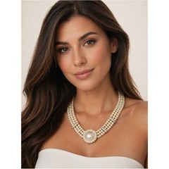 Vintage Multi-Strand Faux Pearl Statement Necklace Rhinestone Cabochon Chunky