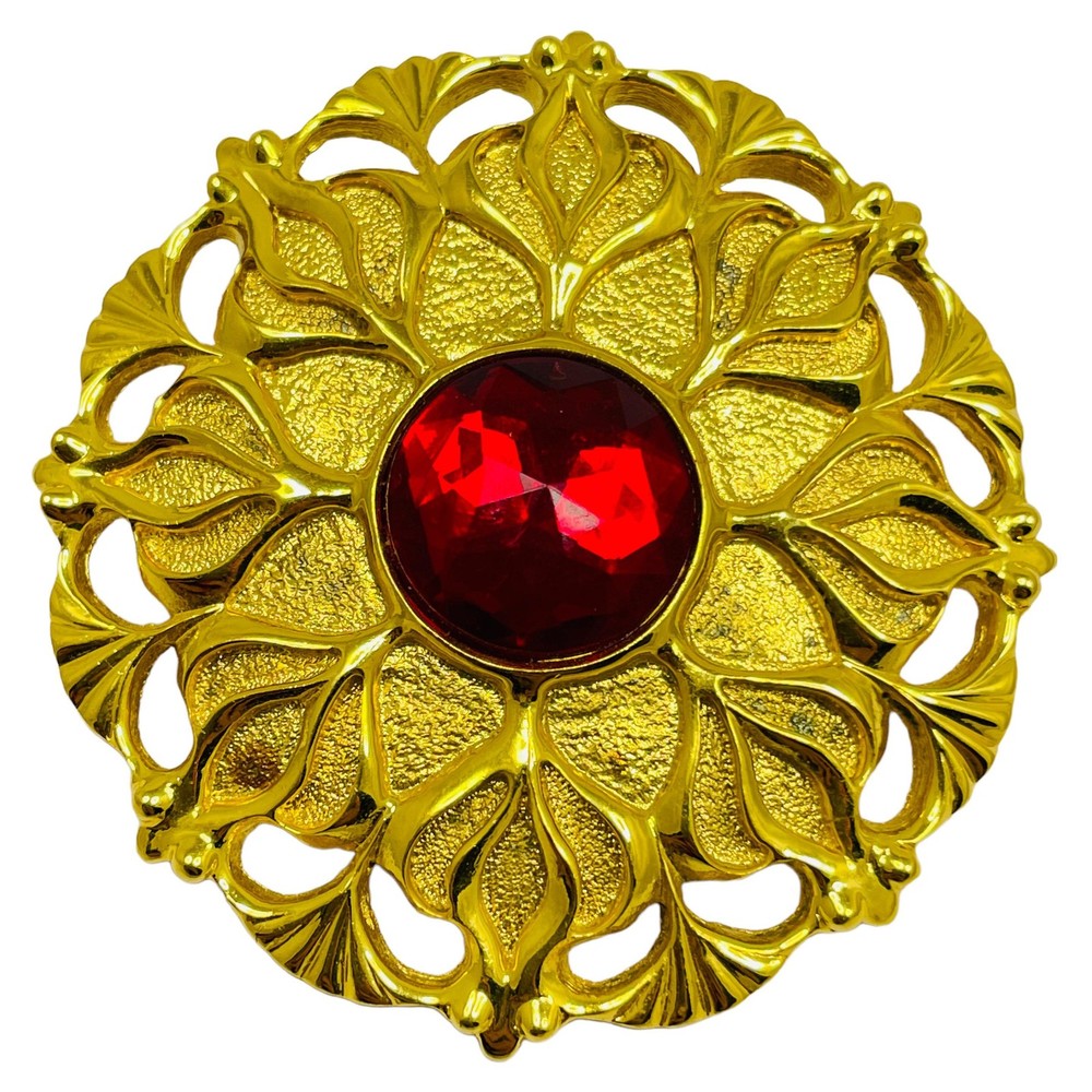 Vintage LADY REMINGTON gold red glass designer runway brooch
