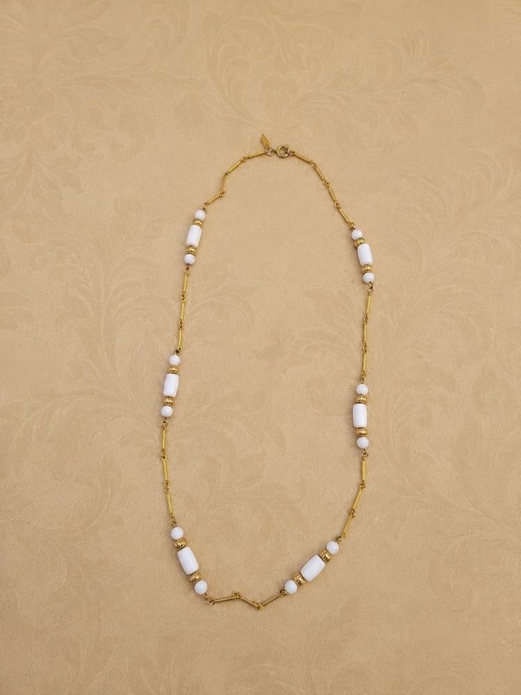Direction One Branded Gold Tone And White Bead Necklace, 18″