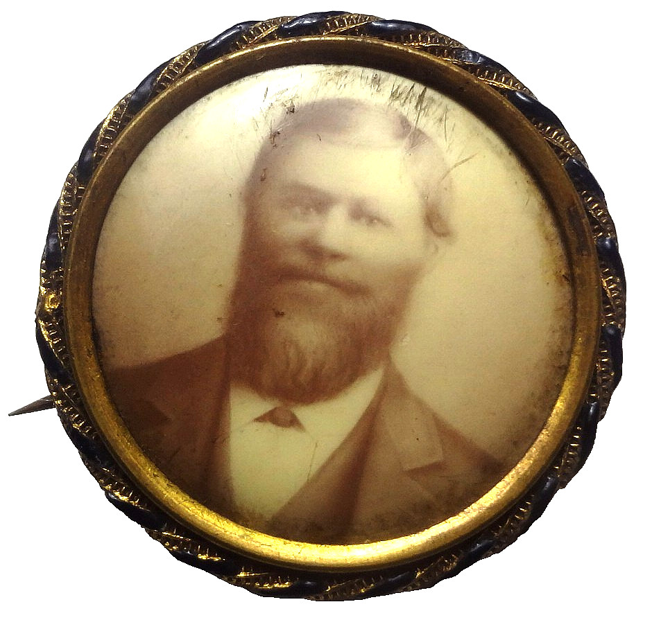 c1898 ANTIQUE MOURNING PIN with CLASSIC CELLULOID PHOTO in ORNATE BRASS & GOLD