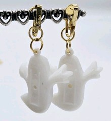 Halloween Earrings Ghost Shape Dangle Clip On Plastic Gold tone 2.5 in