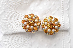 Vintage HOBE Citrine Orange Rhinestone Pearl Cluster Dome Screw Back Earrings