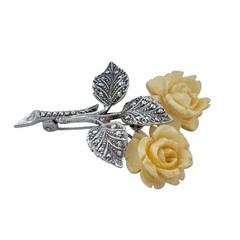Vintage Sterling Silver 925 Marcasite Carved Rose Brooch