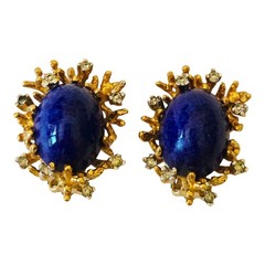 Vintage Panetta Brutalist Lapis Cabochon Crystal Textured Goldtone Clip Earrings