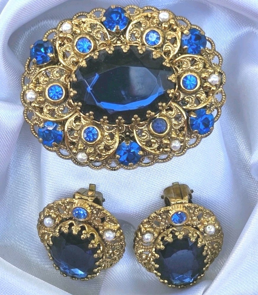 Vintage West Germany Brooch And Clip On Earrings Blue Rhinestones Faux Pearls