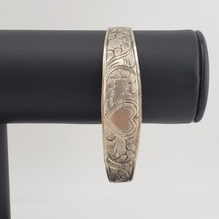 VTG Silver Tone Bracelet Engraved Heart Bangle Cuff Bells Romantic Boho Western