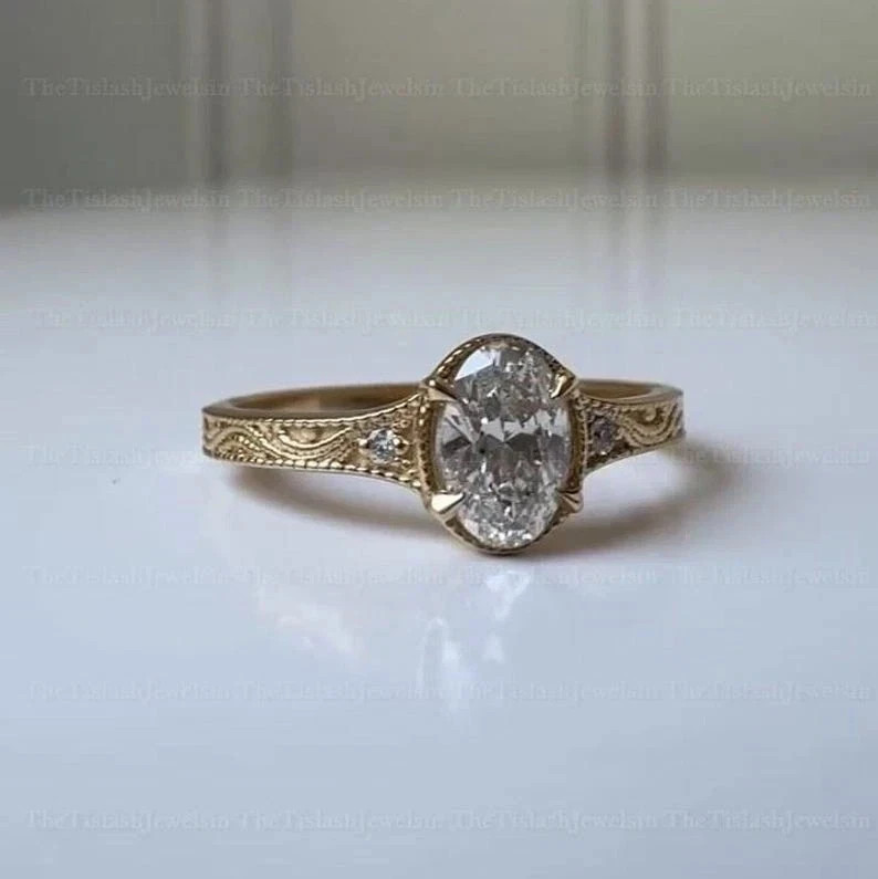 Vintage 2CT Oval Lab Created Diamond Ring Engraved Filigree 14K Yellow Gold Over