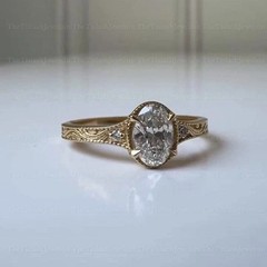Vintage 2CT Oval Lab Created Diamond Ring Engraved Filigree 14K Yellow Gold Over