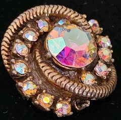 Vintage Aurora Borealis AB Rhinestone Prong Set Swirl Button Brooch Gold Tone