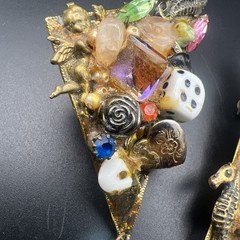 Vintage Handmade Assemblage Clip On Earrings Seahorse Dice Rhinestone Charms