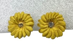 Vintage Antique Woven Yellow Fabric Flowers Floral Screw Back Earrings AS IS