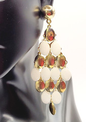 White & Gold Tone Metal Chandelier Cascade Dangle Vintage Earrings Ballroom